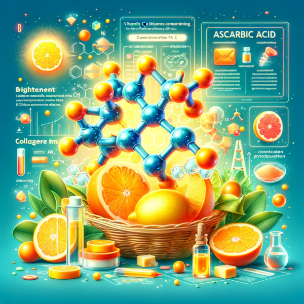 DALL·E 2023 11 13 21.43.05 A vibrant and informative illustration showcasing Vitamin C in skincare. The image features a bright citrus themed setting with oranges and lemons s