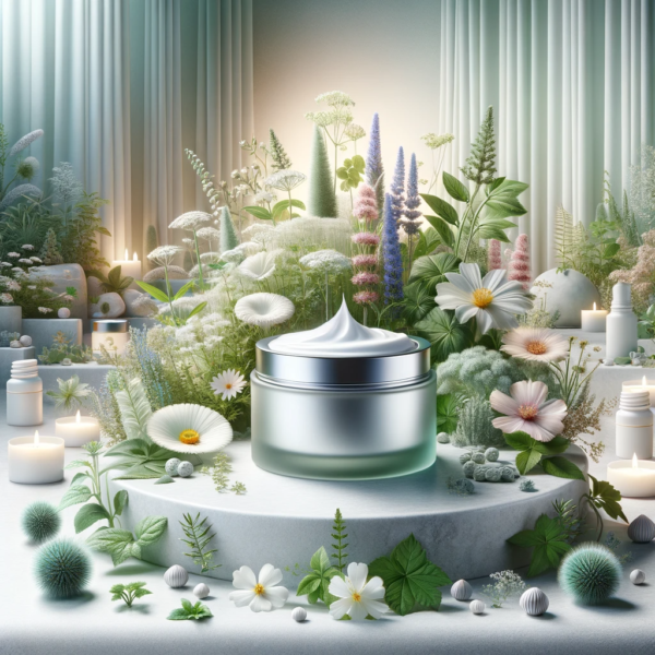 DALL·E 2023 11 13 21.56.57 A serene and luxurious skincare setting emphasizing the concept of Giga white. The image features an elegant spa like environment with soft calming